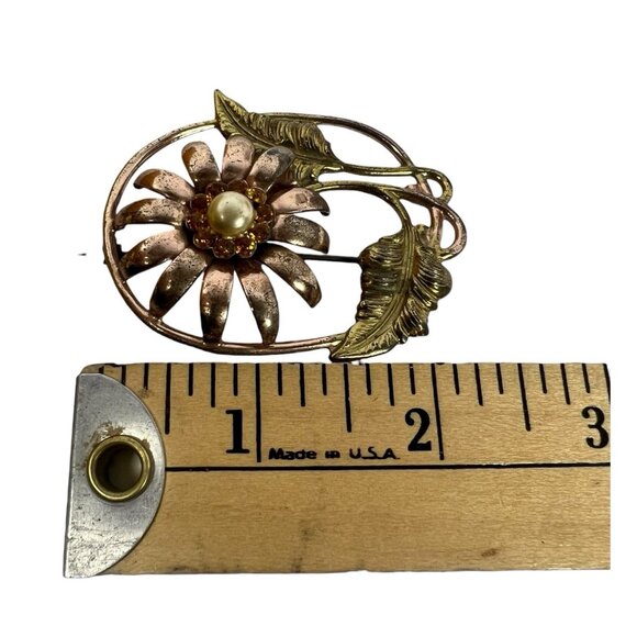 Vintage Sterling Silver Floral Brooch Pearl Center Amber Stones Art Nouveau - Picture 3 of 6